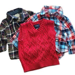 Toddler Boy BUNDLE 12 Months Plaid Button Up Shirt Sweater Vest Fall Winter